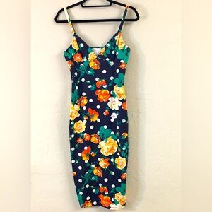 Leith Floral Polka Dot Midi Dress XS Blue Stretch Sleeveless Retro Rockabilly